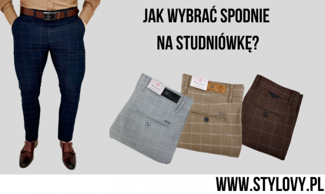 Granatowe spodnie w krate przedstawione na osobie, obok spodnie złożone w kolorze szarym, beżowym, brązowym Granatowe spodnie w krate przedstawione na osobie, obok spodnie złożone w kolorze szarym, beżowym, brązowym