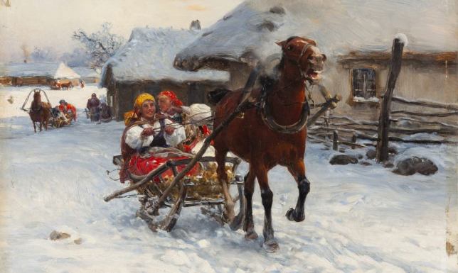 Kolejny obraz Alfreda Wierusza-Kowalskiego w zbiorach Muzeum Okręgowego Obraz Wesoła sanna (syg. l. d. A. Wierusz-Kowalski, olej, deska, 26,6 x 31,3 cm)