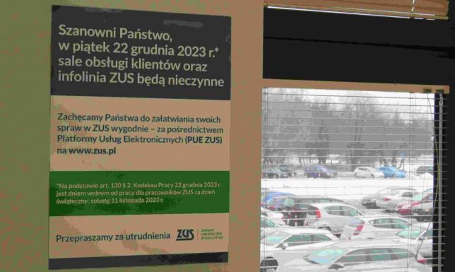 W piątek, 22 grudnia wszystkie placówki ZUS będą zamknięte.